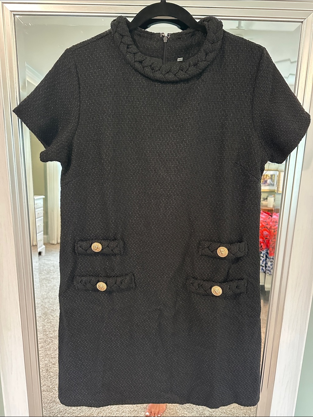 Black Short-Sleeve Tweed Shift Dress with Braided Collar